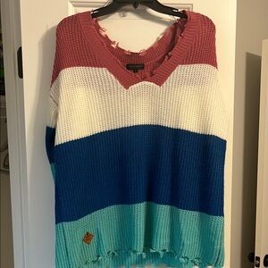 Simply Southern Pink and White V-Neck Sweater